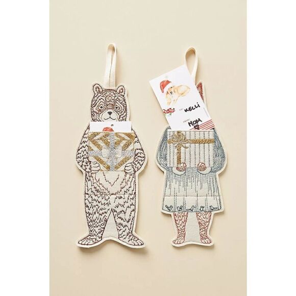ANTHROPOLOGIE Bear Gift Card Holder Coral & Tusk Embroidered Gift Topper NEW - Picture 2 of 2